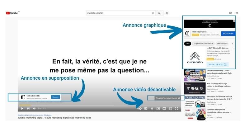 3 types d'annonces Youtube