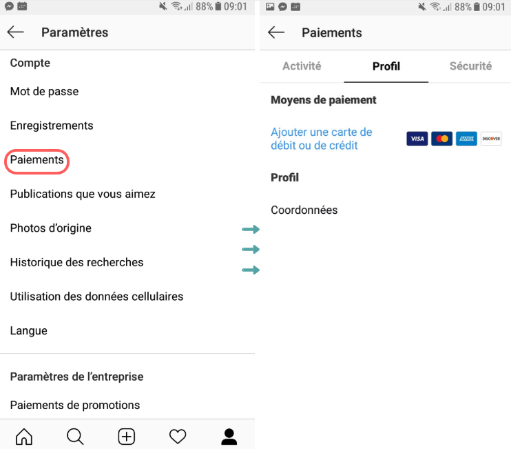 Instagram bouton paiments