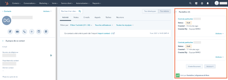 pandadoc hubspot fiche contact