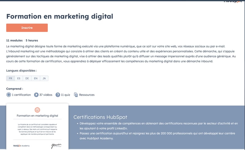 formation marketing digital gratuite hubspot